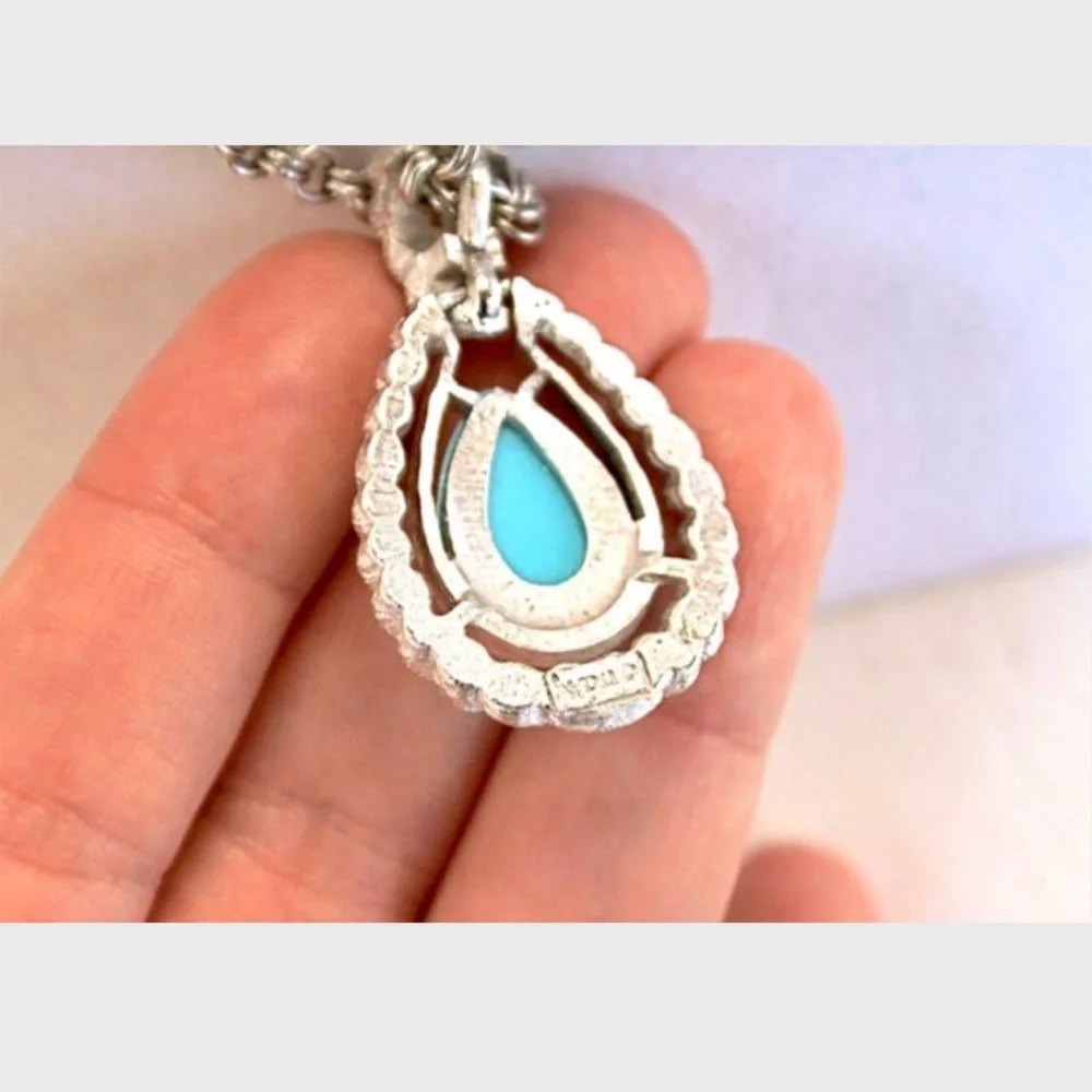 Avon Silver Tone Necklace with Faux Turquoise Teardrop Pendant